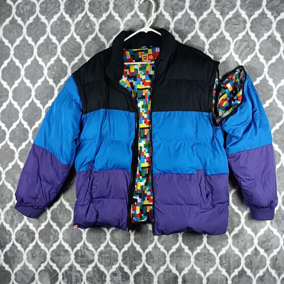 LEGO x Target Jacket Mens Medium Black Blue Puffer Colorblock Brick Print Lining - Picture 1 of 11